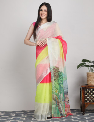 Tantvi Printed Daily Wear Cotton Linen Saree(Multicolor)