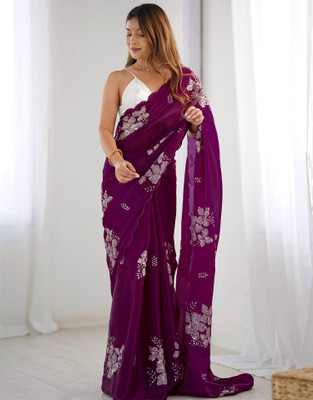Samah Floral Print Bollywood Chiffon Saree(Purple)