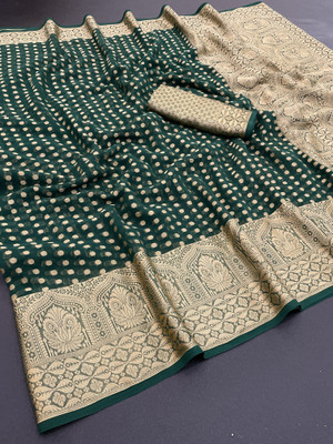 KanjiQueen Woven Banarasi Georgette, Chiffon Saree(Dark Green, Brown)