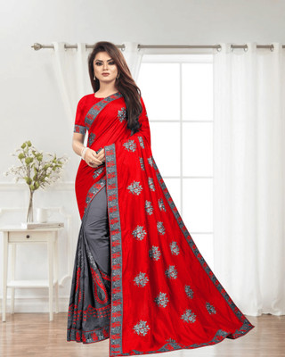 SHOBHTESH Embroidered, Self Design Madhubani Silk Blend, Net Saree(Red, Grey)