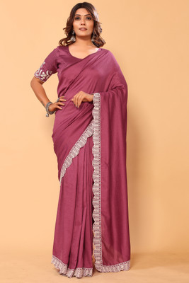 CHHELAJI Embroidered, Embellished, Solid/Plain Bollywood Silk Blend Saree(Pink)