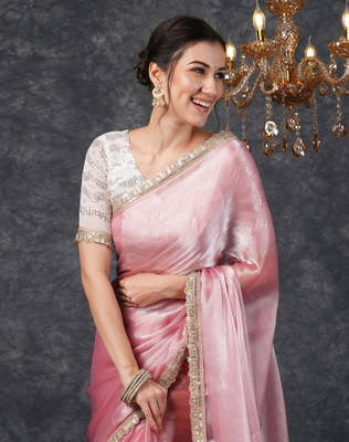 Tasrika Dyed, Embellished Bollywood Chiffon, Lace Saree(Pink)