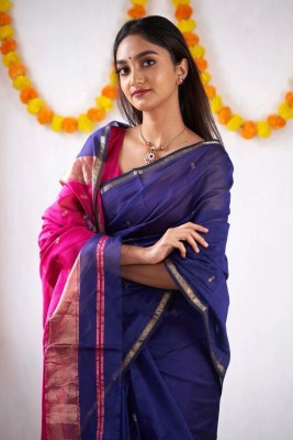 ANUVRATA Woven Bollywood Cotton Blend Saree(Blue, Pink)