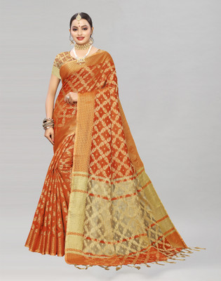 Samah Woven, Embellished Kanjivaram Jacquard, Pure Silk Saree(Orange)