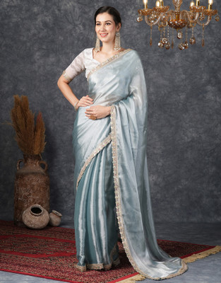 Satrani Dyed, Embellished Bollywood Jimmy choo, Chiffon Saree(Grey)