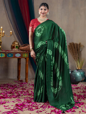 Tasrika Printed Hand Batik Satin Saree(Green)