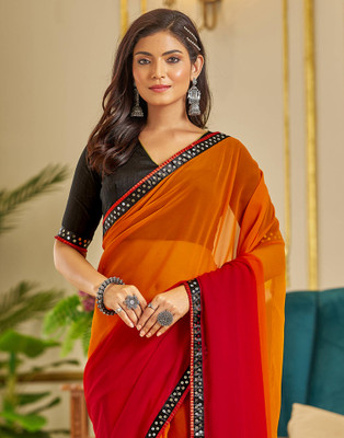 Samah Ombre, Solid/Plain, Embellished Bollywood Georgette Saree(Red, Orange)