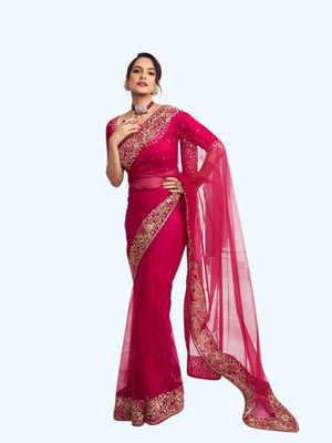 PBITAL Embroidered Bollywood Net Saree(Pink)