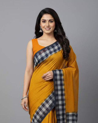 Anugrah Textile Printed Banarasi Lycra Blend, Chiffon Saree(Yellow, Black)