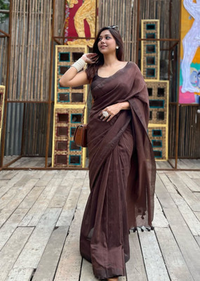 SARADA HANDLOOM Solid/Plain Daily Wear Pure Cotton Saree(Brown)