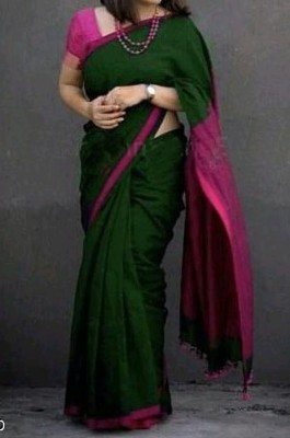 Bengal S Solid/Plain Daily Wear Cotton Blend Saree(Dark Green)