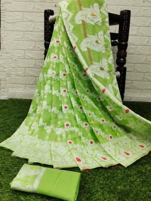 Keswi Fab Striped Handloom Cotton Blend, Cotton Linen Saree(Green)