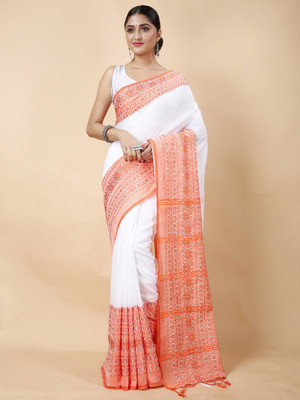 SSK Printed Handloom Handloom Pure Cotton Saree(White, Orange)