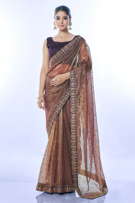 Tasrika Embroidered Bollywood Net Saree(Brown)