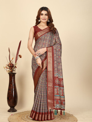 HouseOfCommon Blocked Printed Mysore Art Silk Saree(Maroon)
