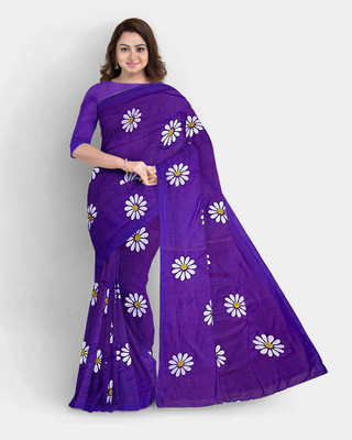 HouseOfCommon Floral Print Handloom Pure Cotton Saree(Purple)