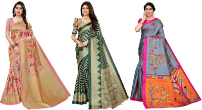 Nirvaan Printed Bollywood Art Silk Saree(Pack of 3, Pink, Dark Green, Grey)