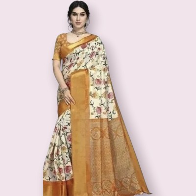 Grubstaker Printed Assam Silk Cotton Blend Saree(Multicolor)