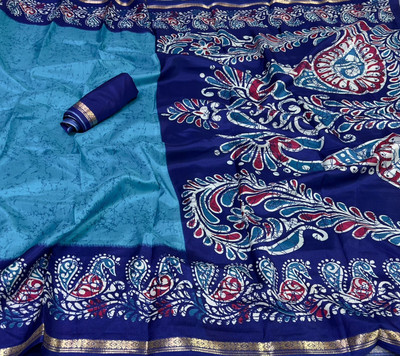 GLAM VILLA Printed Mysore Art Silk Saree(Orange, Blue)