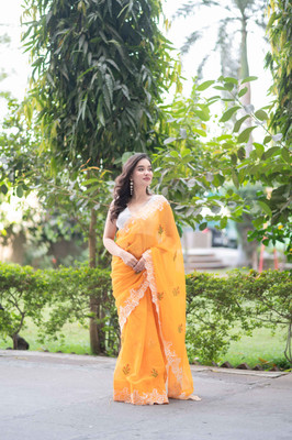 The Raksha Store Solid/Plain Daily Wear Cotton Blend Saree(Orange)