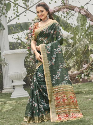 Sareemall Printed Daily Wear Linen Saree(Green)