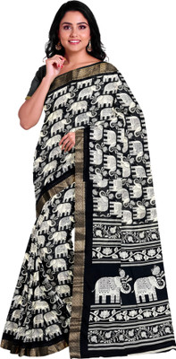 OST Printed, Woven, Floral Print, Digital Print Kalamkari Cotton Silk Saree(Black)