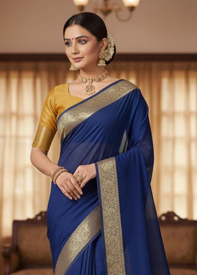 Anugrah Textile Embroidered Banarasi Lycra Blend, Chiffon Saree(Dark Blue)