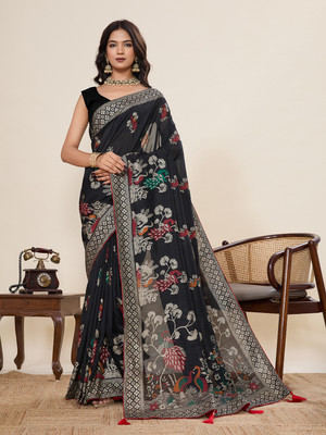 VISVASTA Woven, Self Design, Striped, Dyed, Printed, Embellished Handloom Jacquard, Cotton Silk Saree(Black)
