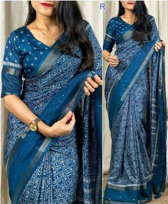 ZENFAB THREADS Printed Bollywood Cotton Silk Saree(Light Blue)