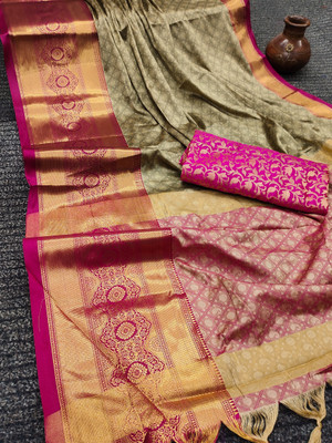 JEANITA FASHION Woven, Floral Print, Temple Border Bollywood Cotton Silk Saree(Cream, Pink)