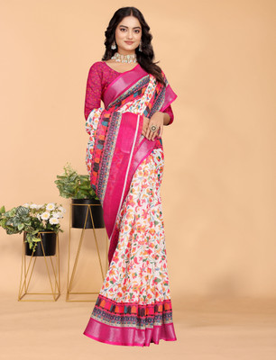 HouseOfCommon Printed Kanjivaram Pure Cotton, Cotton Linen Saree(Pink)