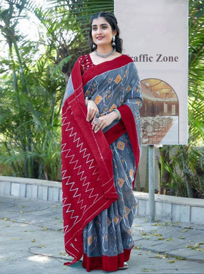 Divastri Printed Daily Wear Cotton Blend Saree(Grey)