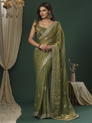 Tasrika Embroidered Bollywood Satin Saree(Light Green)