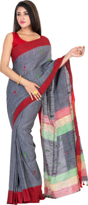 SAYAN CREATION Self Design Handloom Pure Cotton Saree(Grey, Red)