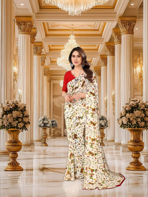 SmittenSmit Printed Bollywood Georgette Saree(White)