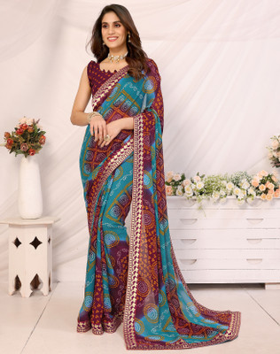 Divastri Printed Bandhani Georgette, Lace Saree(Brown)