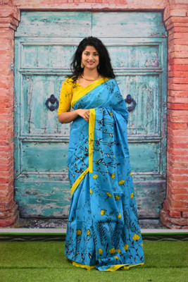 NIKHILAM Printed Daily Wear Pure Cotton Saree(Light Blue)