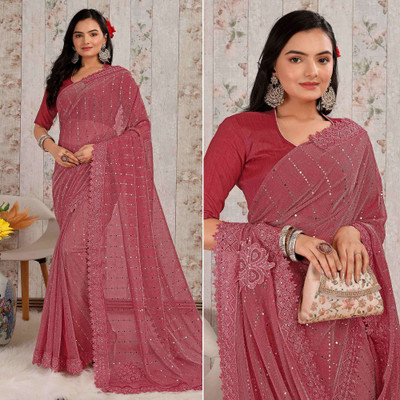Online Bazaaar Embellished Bollywood Lycra Blend Saree(Pink)