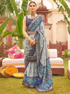 ANOUK Printed Patola Silk Blend Saree(Grey)