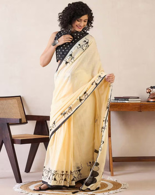 Anjaneya Sarees Polka Print Bollywood Linen Saree(Cream)