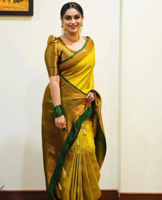 Priyashi Woven Banarasi Jacquard, Silk Blend Saree(Yellow)