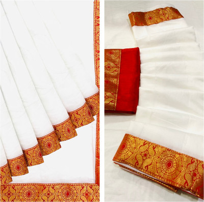 LUVITUS Solid/Plain Chanderi Pure Cotton Saree(Red)