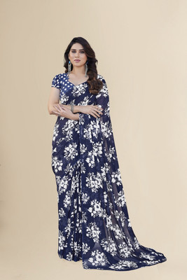 kashvi sarees Floral Print Daily Wear Georgette Saree(Dark Blue, White)