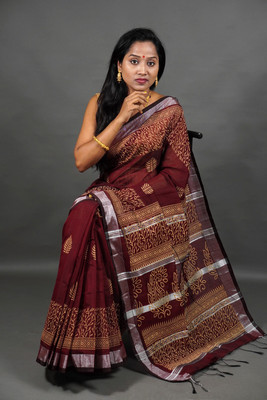 cloud vastra Floral Print Bollywood Cotton Silk Saree(Maroon)