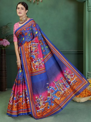 Sareemall Printed Bollywood Cotton Blend Saree(Dark Blue)