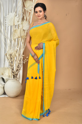 RoyalTradition Solid/Plain Handloom Pure Cotton Saree(Yellow)