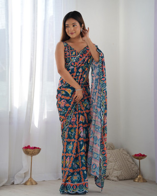 GRANTHI ENTERPRISE Floral Print Bollywood Crepe Saree(Blue)