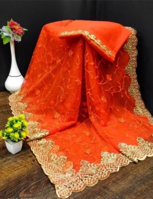 SkyFlock Embroidered, Embellished Bollywood Net Saree(Orange)