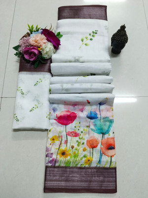 HouseOfCommon Printed Kanjivaram Pure Cotton, Cotton Linen Saree(White)