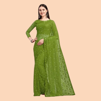 Nexaafashion Embroidered Bollywood Net Saree(Green)